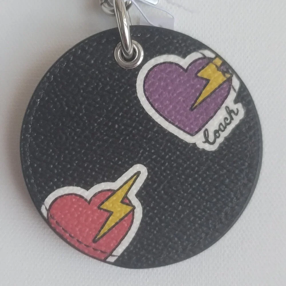 Coach Heart Bolt Print Black Coated Canvas CW475 Mirror Bag Charm Key Chain